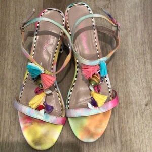 Betsey Johnson Dynah dress sandals tassel & seashell embellishments polka dot